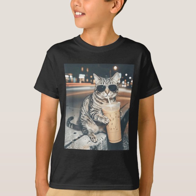 Cat drinking iced coffee funny animal meme men T-Shirt (Front)