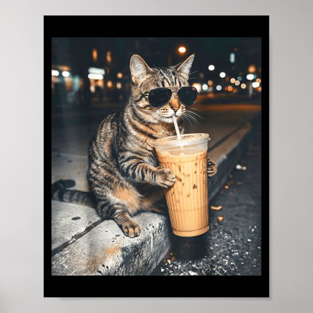Cat Drinking Iced Coffee Funny Animal Meme Men Wom Poster (Front)
