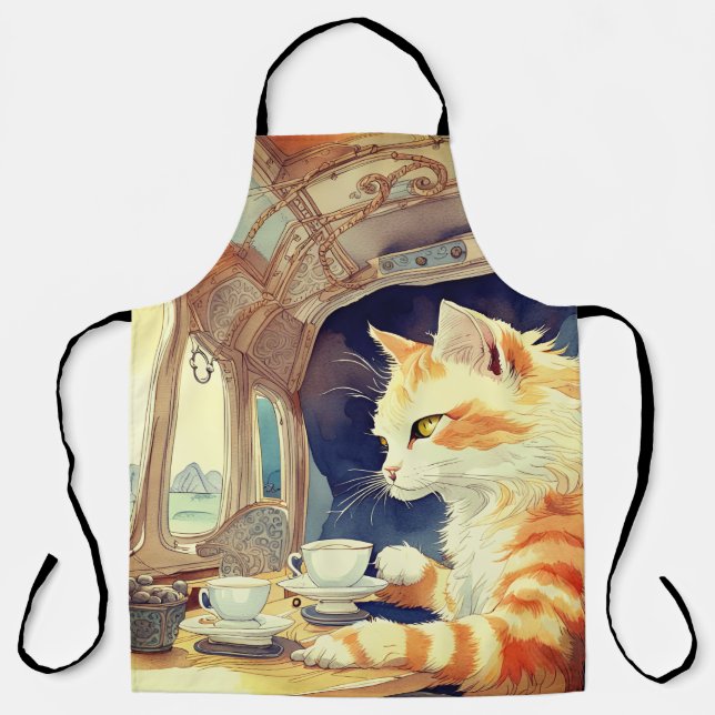 Cat drinking tea  apron (Front)