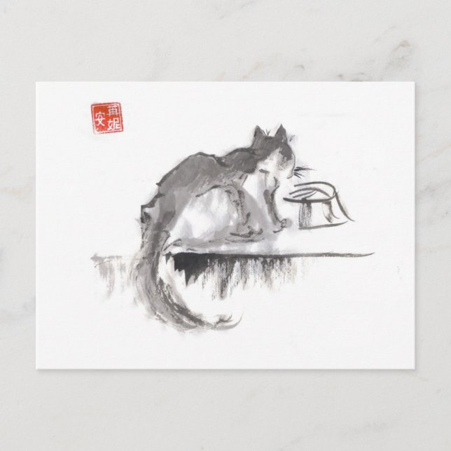 Cat Drinking Water Art Postcard (Front)