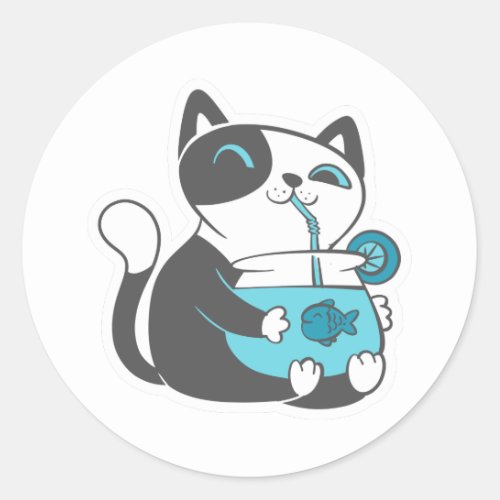 Cat drinks from straw _ Choose background color Classic Round Sticker