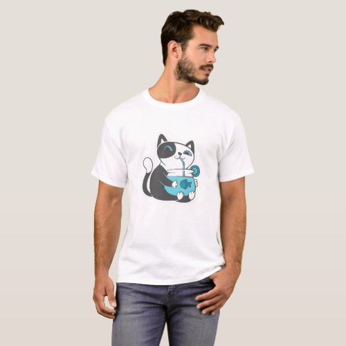 Cat drinks from straw _ Choose background color T_Shirt