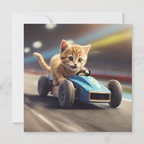 Cat driving a race car invitation