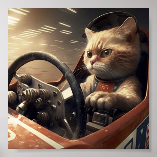 Cat driving racing car poster