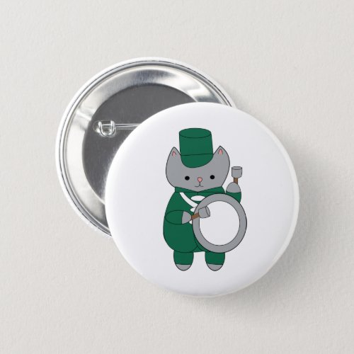 Cat Drummer Marching Band Green White Button