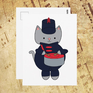 Cat Drummer Marching Band Navy Blue and Red Postcard