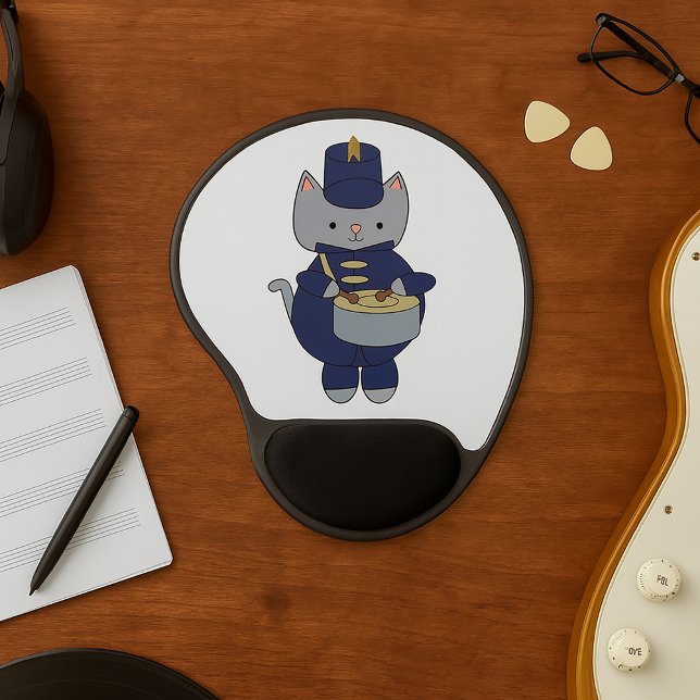 Cat Drummer Marching Band Navy Blue Gold Gel Mouse Pad (A gel mouse pad with a cat playing the snare drum in a navy blue & gold marching band uniform.)