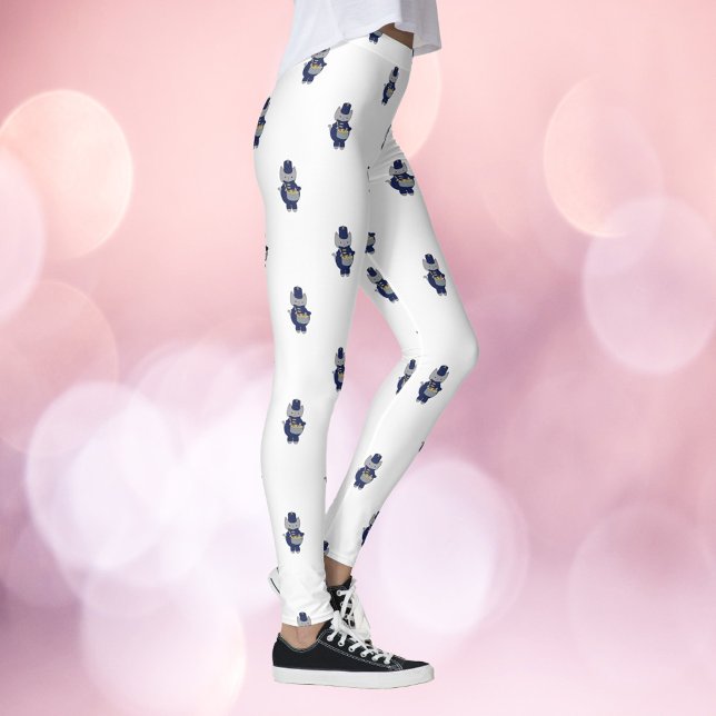 Cat Drummer Marching Band Navy Blue Gold Pattern Leggings (A pair of leggings with a pattern of snare drum playing cats in navy blue and gold.)