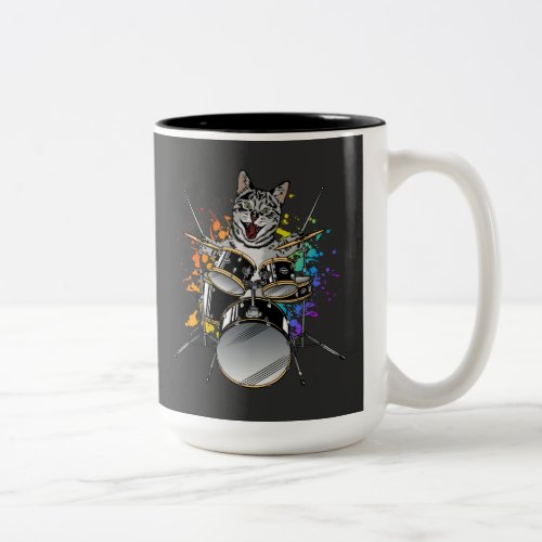 Cat Drummer Playing Drum Two_Tone Coffee Mug