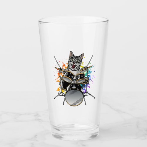 Cat Drummer Playing Drums Drinking Glass