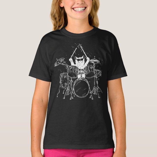 Cat Drummer Playing Drums Girl T-Shirt (Front)