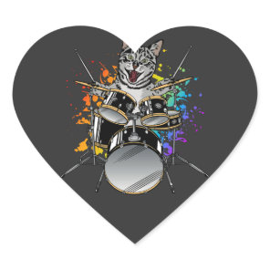 Cat Drummer Playing Drums Heart Sticker