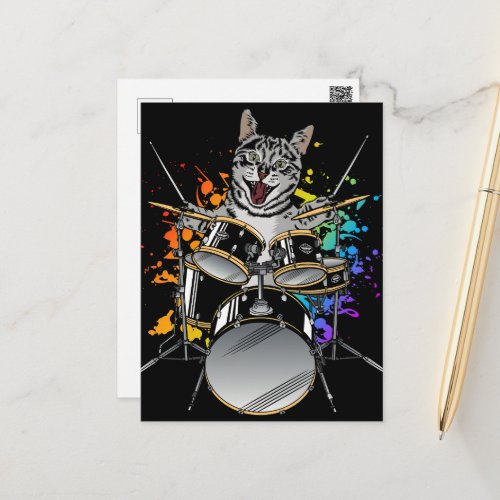 Cat Drummer Playing Drums Postcard