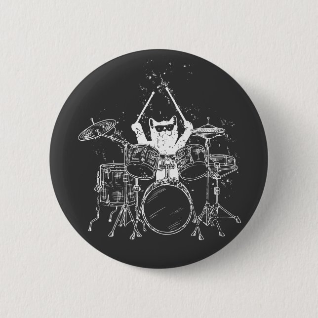 Cat Drummer Playing Drums Round Button (Front)
