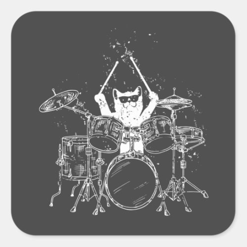 Cat Drummer Playing Drums Square Sticker