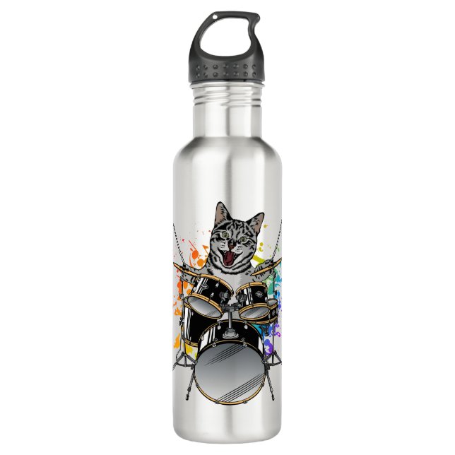 Cat Drummer Playing Drums Stainless Steel Water Bottle (Front)