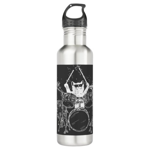 Cat Drummer Playing Drums Stainless Steel Water Bottle