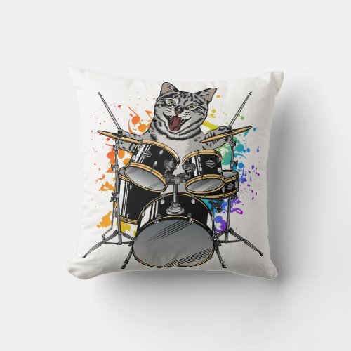 Cat Drummer Playing Drums Throw Pillow