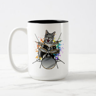 Cat Drummer Playing Drums Two-Tone Coffee Mug