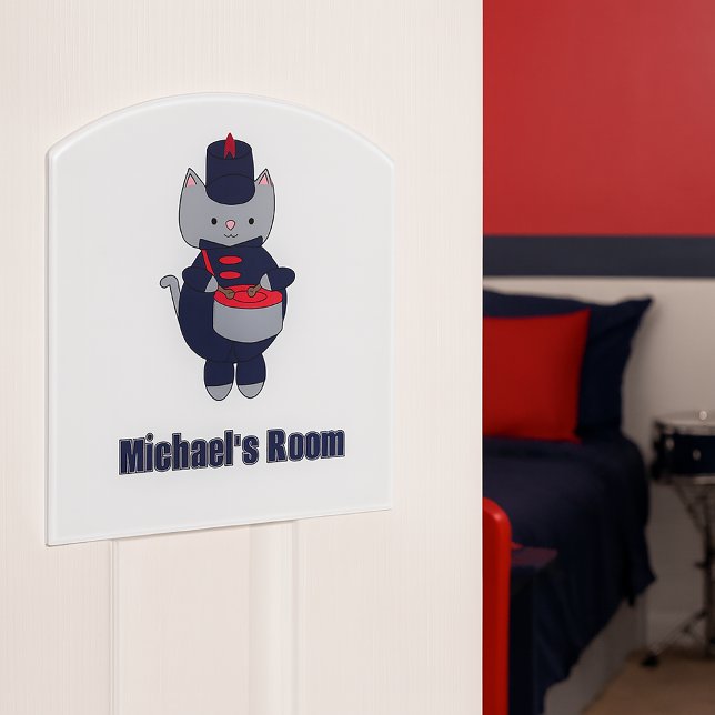 Cat Drums Marching Band Navy Blue Red Personalize Door Sign (A door sign featuring a cat playing a snare drum in a navy blue & red marching band uniform.)