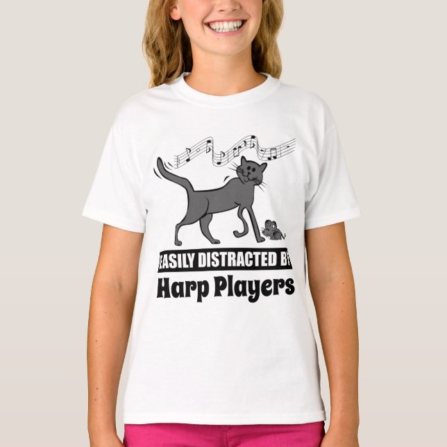 Cat Easily Distracted by Harp Players T-Shirt (Front)