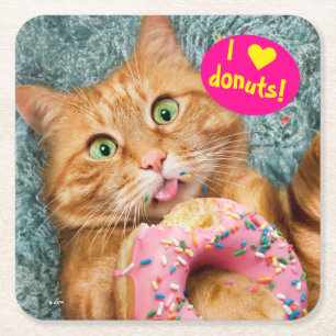 Cat Eating Donut Square Paper Coaster