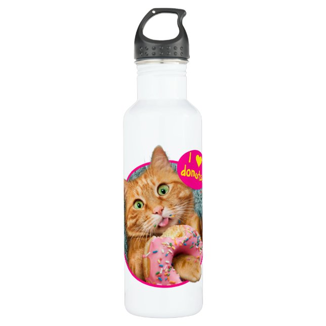 Cat Eating Donut Stainless Steel Water Bottle (Front)