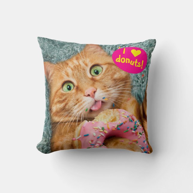 Cat Eating Donut Throw Pillow (Front)