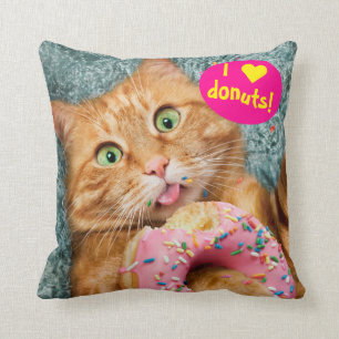Cat Eating Donut Throw Pillow