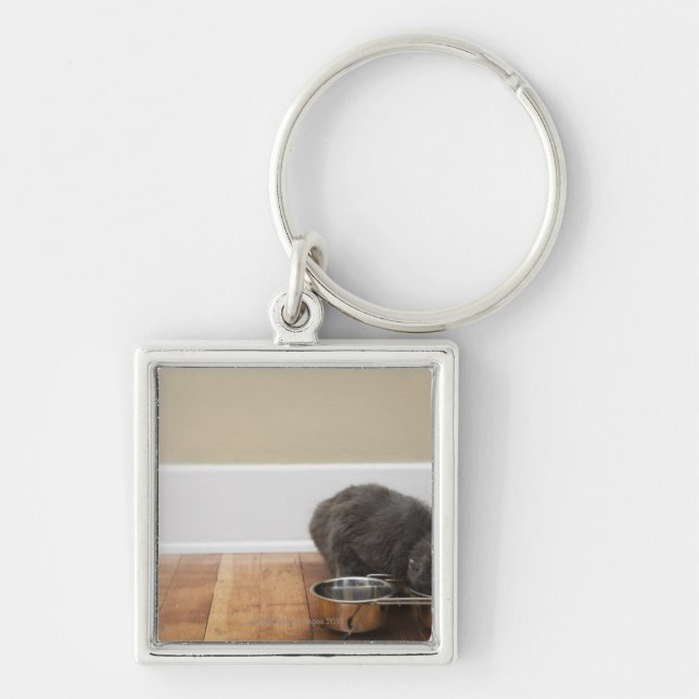 Cat eating from bowl keychain (Front)