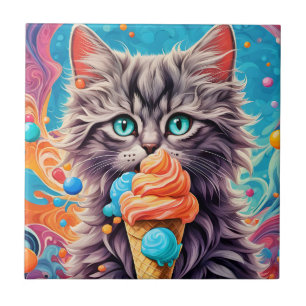 Cat Eating Ice Cream Cone Funny Kitten Cat 779 Ceramic Tile