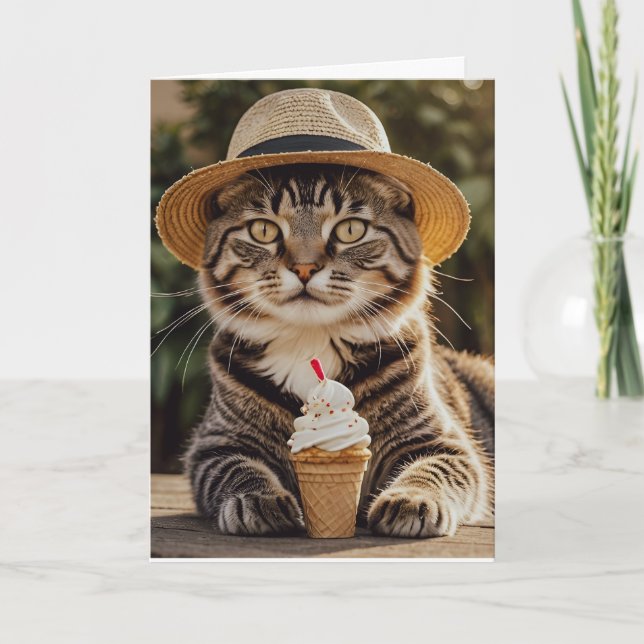 CAT EATING ICECREAM BIRTHDAY GREETING CARD (Front)