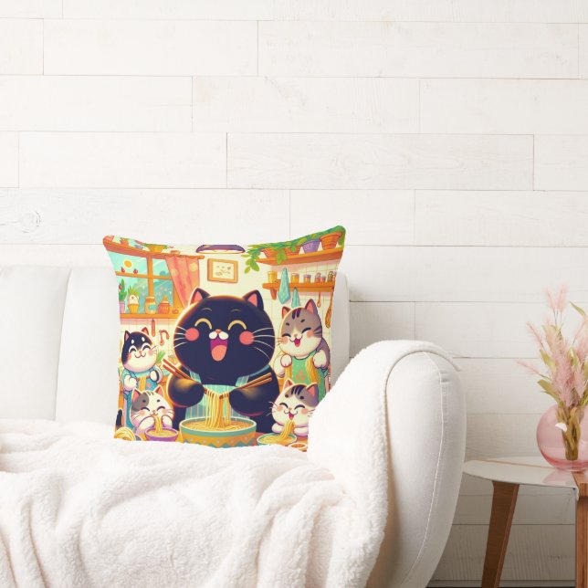 Cat eating Noodles soup and friends Throw Pillow (Couch)