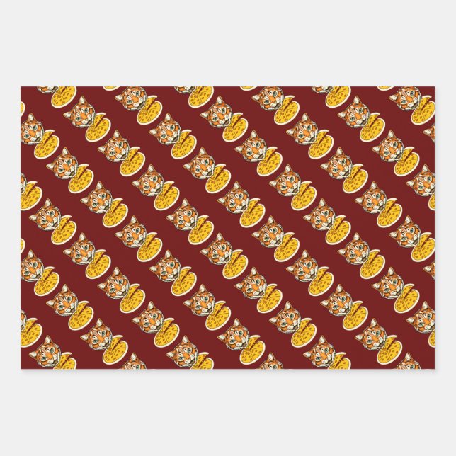 Cat Eating Pizza 3 Color Pack Wrapping Paper Sheets (Front)