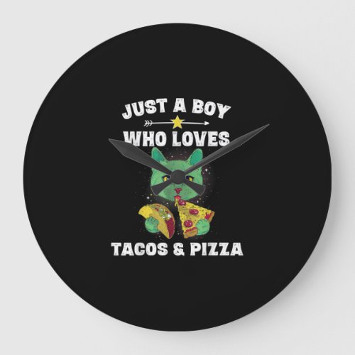 Cat Eating Pizza And Taco In Space Funny Saying Large Clock