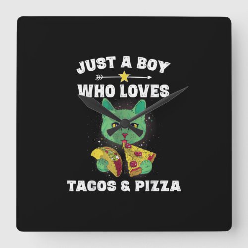 Cat Eating Pizza And Taco In Space Funny Saying Square Wall Clock