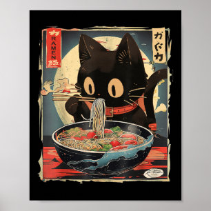 Cat Eating Ramen Noodle Funny Japanese Kawaii Anim Poster