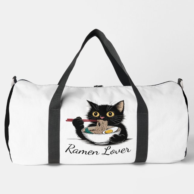Cat Eating Ramen Noodles Funny Duffle Bag (Front)