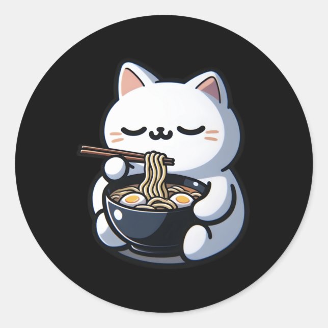Cat Eating Ramen Noodles Kawaii Anime Japanese Cut Classic Round Sticker (Front)