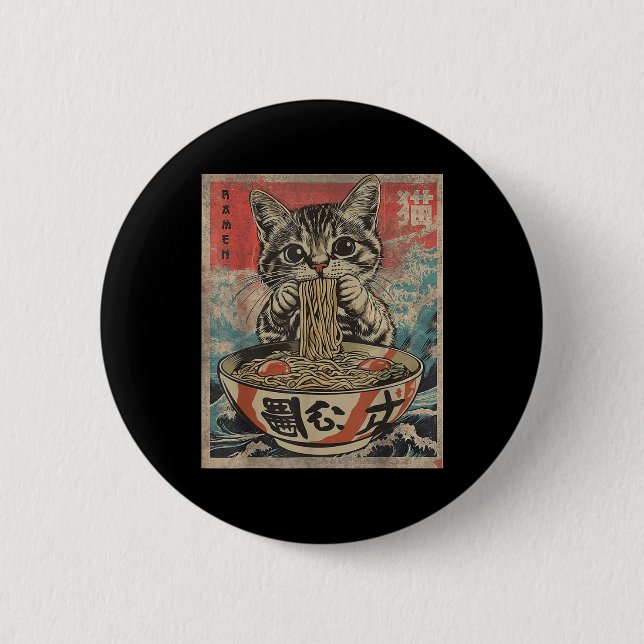 Cat Eating Ramen Noodles Kawaii Anime Manga Japane Button (Front)