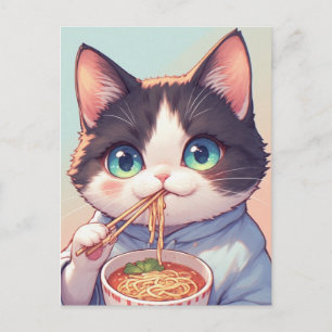 CAT EATING RAMEN NOODLES POSTCARD