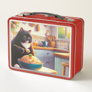 Cat eating rice fried in a kitchen Metal Lunchbox