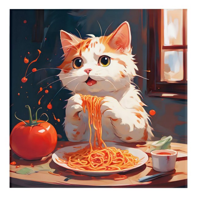 Cat eating spaghetti acrylic print (Front)