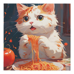 Cat eating spaghetti faux canvas print
