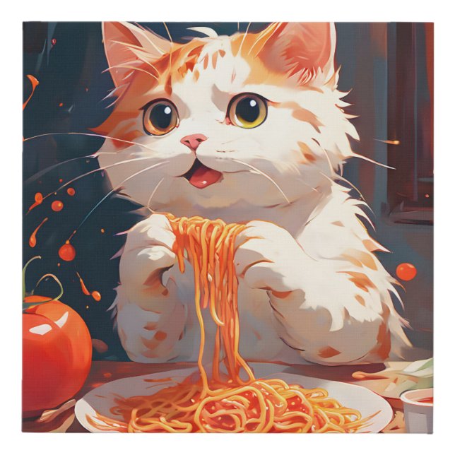 Cat eating spaghetti faux canvas print (Front)