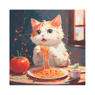 Cat eating spaghetti metal print