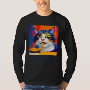 Cat Eating Spaghetti Oil Painting Style T-Shirt