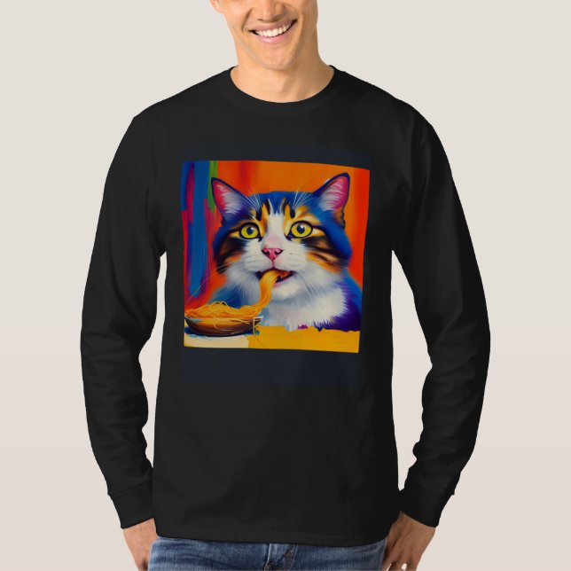 Cat Eating Spaghetti Oil Painting Style T-Shirt (Front)