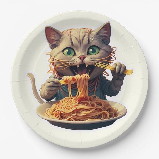 Cat Eating Spaghetti Paper Plates (Front)