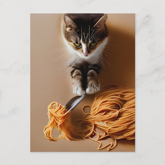 Cat Eating Spaghetti Postcard (Front)